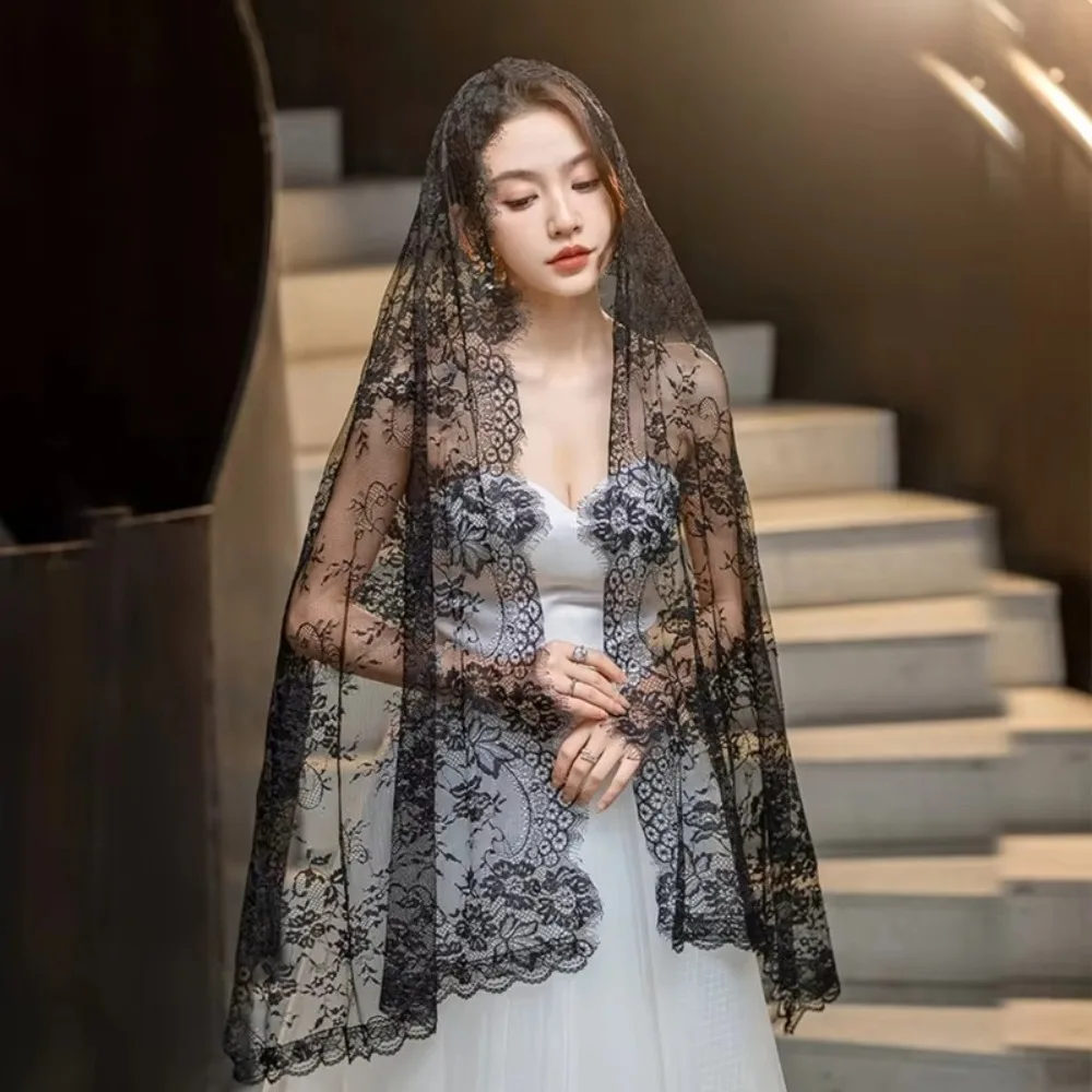 New Lace Women Shawl Flower Long Catholic Veil Black Bride Head Covering Mantilla