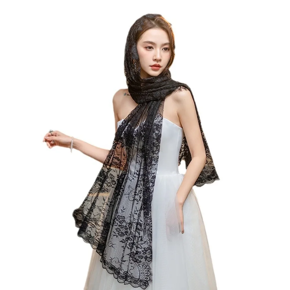 New Lace Women Shawl Flower Long Catholic Veil Black Bride Head Covering Mantilla