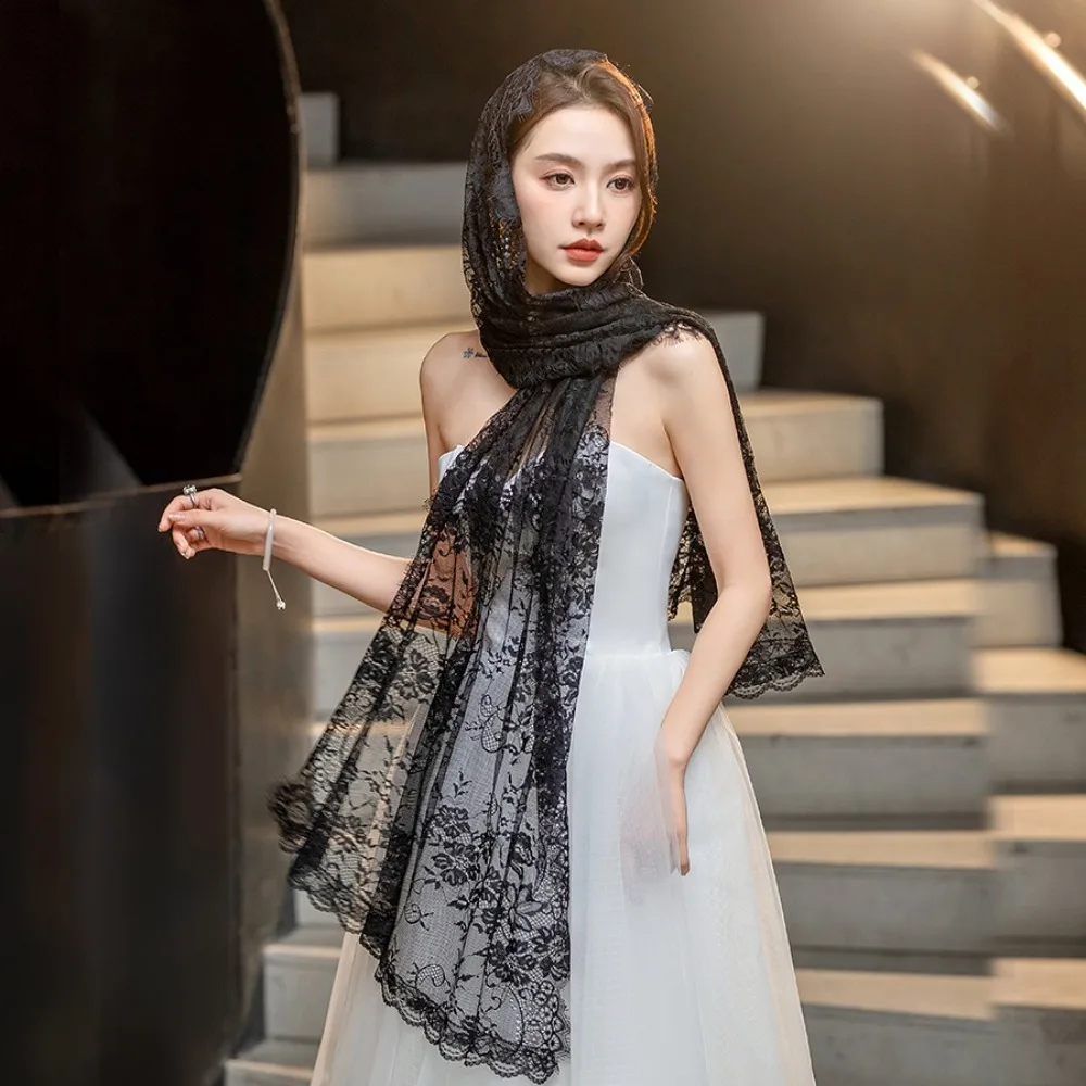 New Lace Women Shawl Flower Long Catholic Veil Black Bride Head Covering Mantilla