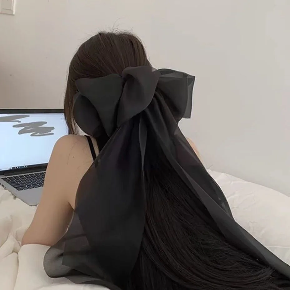 Ethereal Large Bow Hair Clip with Long Ribbon Tails Spring Clip for Back of Head Elegant Women's Hair Accessory Fairy Core