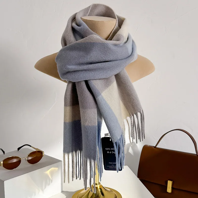 100% Wool Women Scarf Autumn Winter Vintage Preppy Style Plaid Wrap Scarves Pashmina Mujer Femme Foulard Bufanda Shawl Stole