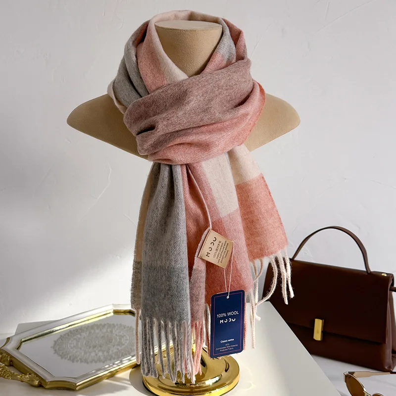 100% Wool Women Scarf Autumn Winter Vintage Preppy Style Plaid Wrap Scarves Pashmina Mujer Femme Foulard Bufanda Shawl Stole