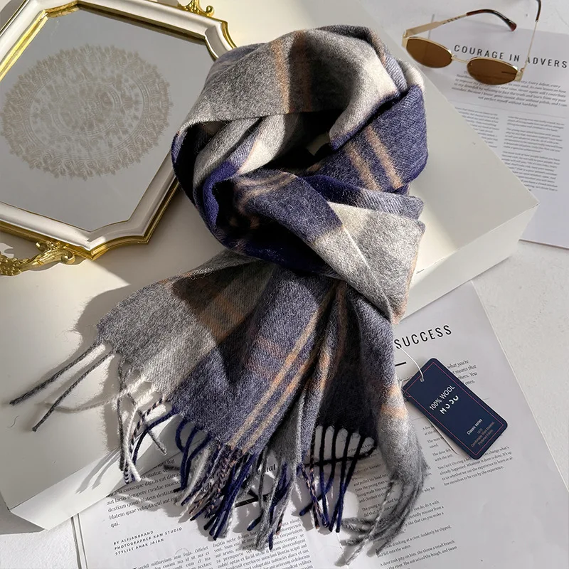 100% Wool Women Scarf Autumn Winter Vintage Preppy Style Plaid Wrap Scarves Pashmina Mujer Femme Foulard Bufanda Shawl Stole
