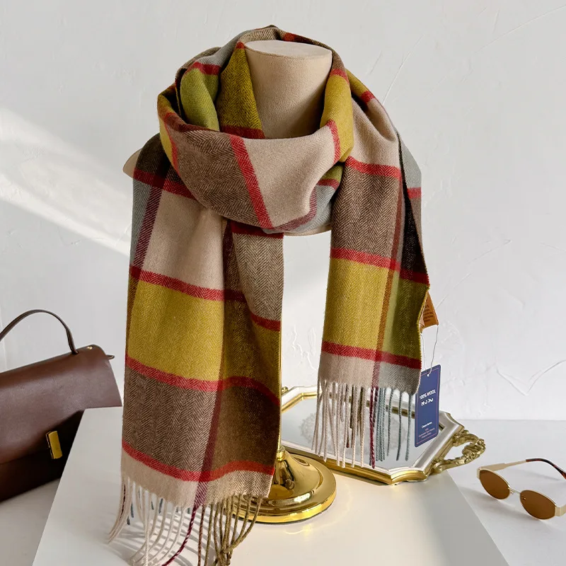 100% Wool Women Scarf Autumn Winter Vintage Preppy Style Plaid Wrap Scarves Pashmina Mujer Femme Foulard Bufanda Shawl Stole