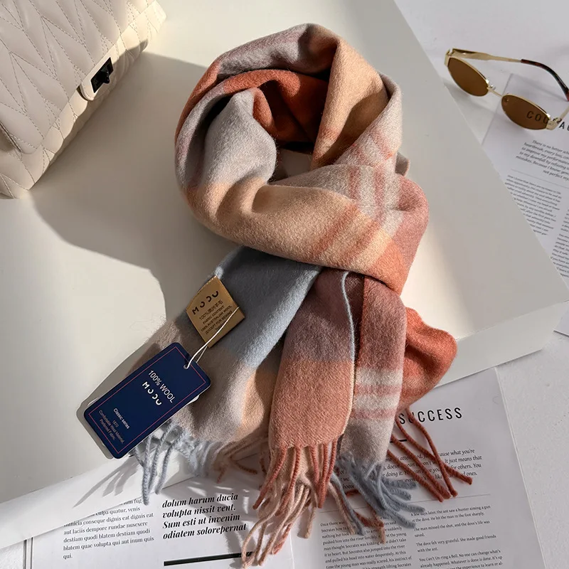 100% Wool Women Scarf Autumn Winter Vintage Preppy Style Plaid Wrap Scarves Pashmina Mujer Femme Foulard Bufanda Shawl Stole