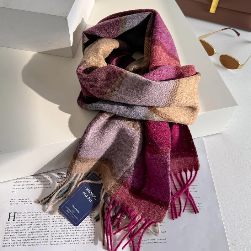 100% Wool Women Scarf Autumn Winter Vintage Preppy Style Plaid Wrap Scarves Pashmina Mujer Femme Foulard Bufanda Shawl Stole