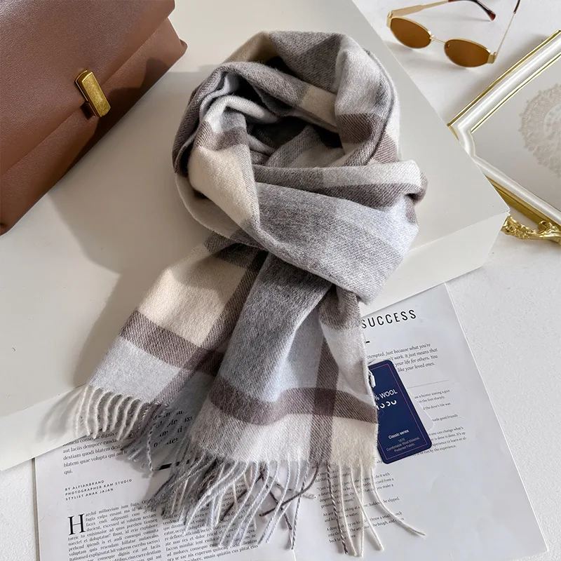 100% Wool Women Scarf Autumn Winter Vintage Preppy Style Plaid Wrap Scarves Pashmina Mujer Femme Foulard Bufanda Shawl Stole
