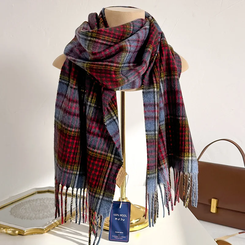 100% Wool Women Scarf Autumn Winter Vintage Preppy Style Plaid Wrap Scarves Pashmina Mujer Femme Foulard Bufanda Shawl Stole