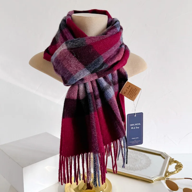 100% Wool Women Scarf Autumn Winter Vintage Preppy Style Plaid Wrap Scarves Pashmina Mujer Femme Foulard Bufanda Shawl Stole