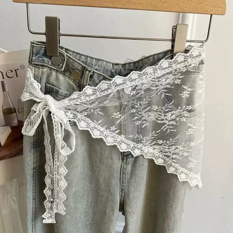 Korean Style Lace Embroidery Belt with Detachable Scarf Layering Accessory for Tulle Skirts Elegant Waist Chain with Floral