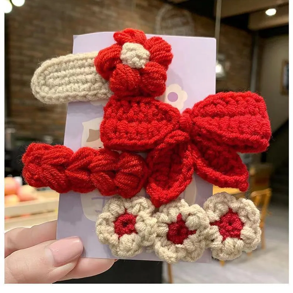 4Pcs Cute Knit BB Hair Clips, Handmade Flower Border Clips,Bow Bang Clips for Kids,Suitable for Chrismas Festival Celebration