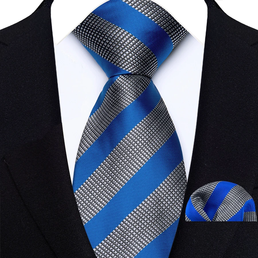 Fashion Royal Blue Men Tie Luxury Plaid Stripes Paisley High Quality Pocket Square Necktie Sets Groom Wedding Busienss Gifts
