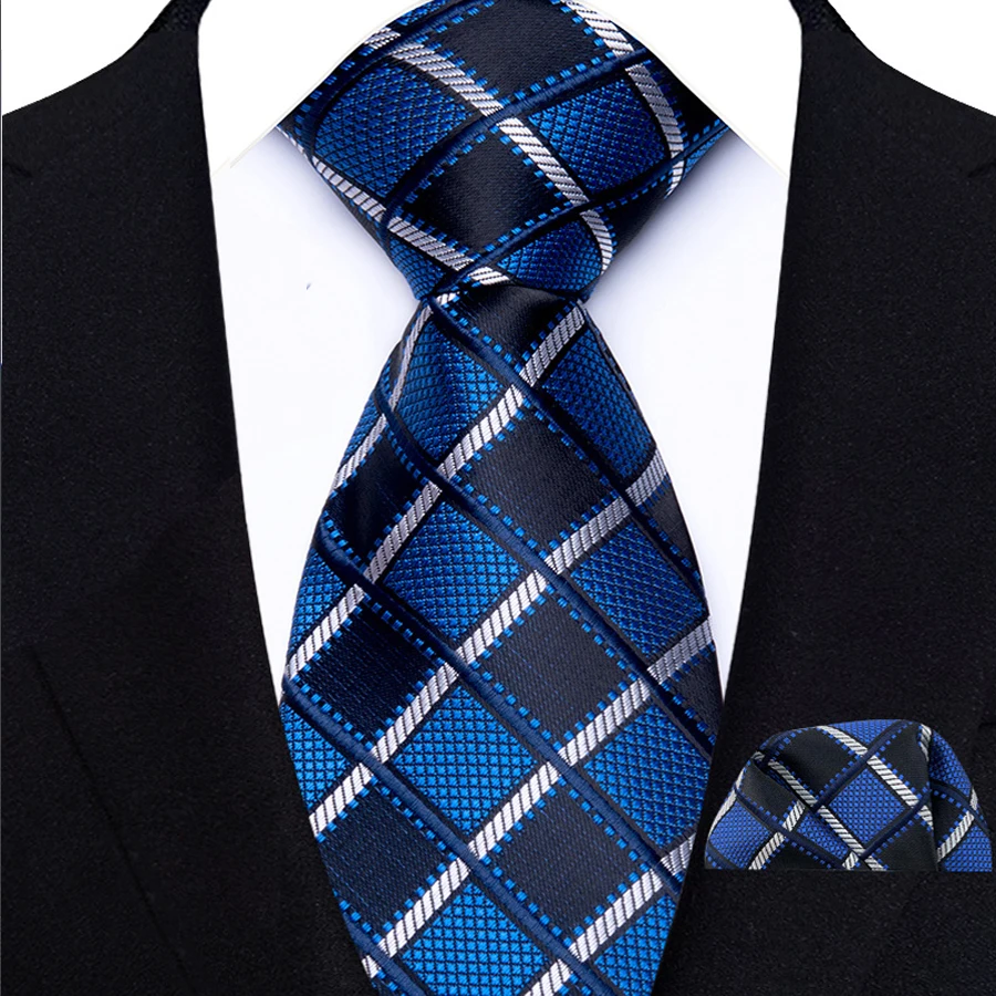 Fashion Royal Blue Men Tie Luxury Plaid Stripes Paisley High Quality Pocket Square Necktie Sets Groom Wedding Busienss Gifts