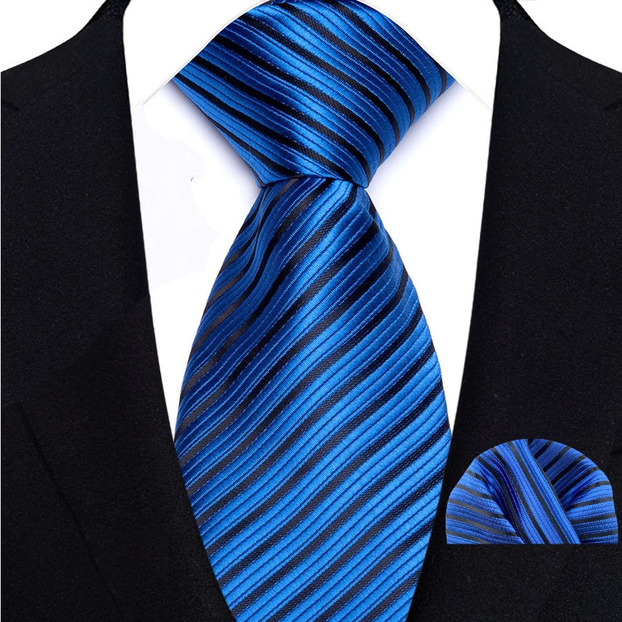 Fashion Royal Blue Men Tie Luxury Plaid Stripes Paisley High Quality Pocket Square Necktie Sets Groom Wedding Busienss Gifts
