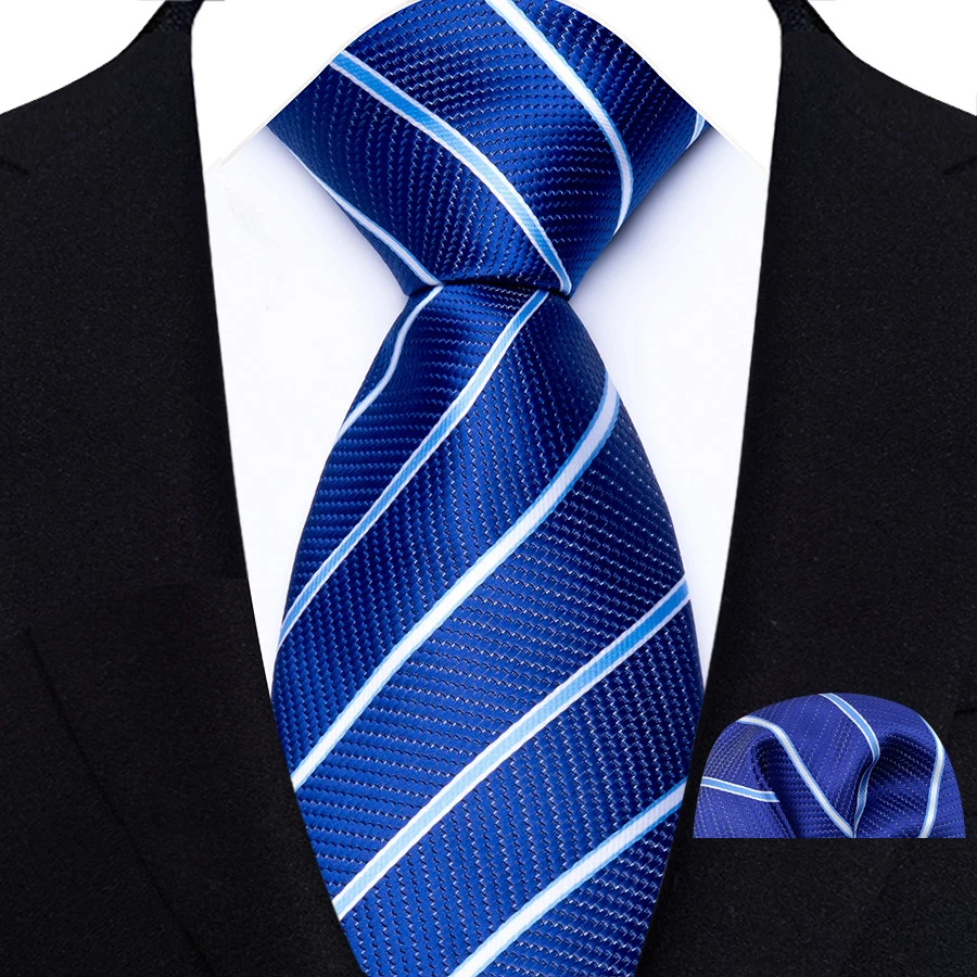 Fashion Royal Blue Men Tie Luxury Plaid Stripes Paisley High Quality Pocket Square Necktie Sets Groom Wedding Busienss Gifts