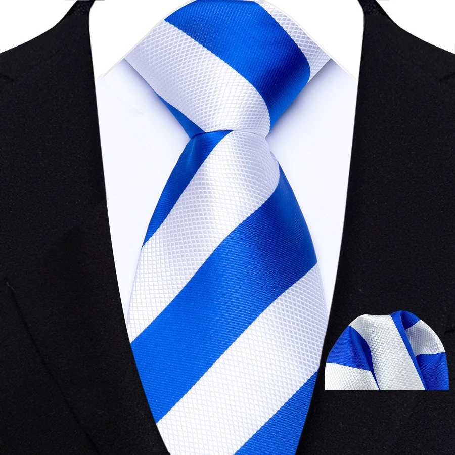 Fashion Royal Blue Men Tie Luxury Plaid Stripes Paisley High Quality Pocket Square Necktie Sets Groom Wedding Busienss Gifts