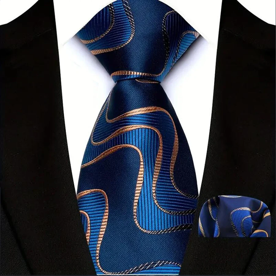 Fashion Royal Blue Men Tie Luxury Plaid Stripes Paisley High Quality Pocket Square Necktie Sets Groom Wedding Busienss Gifts