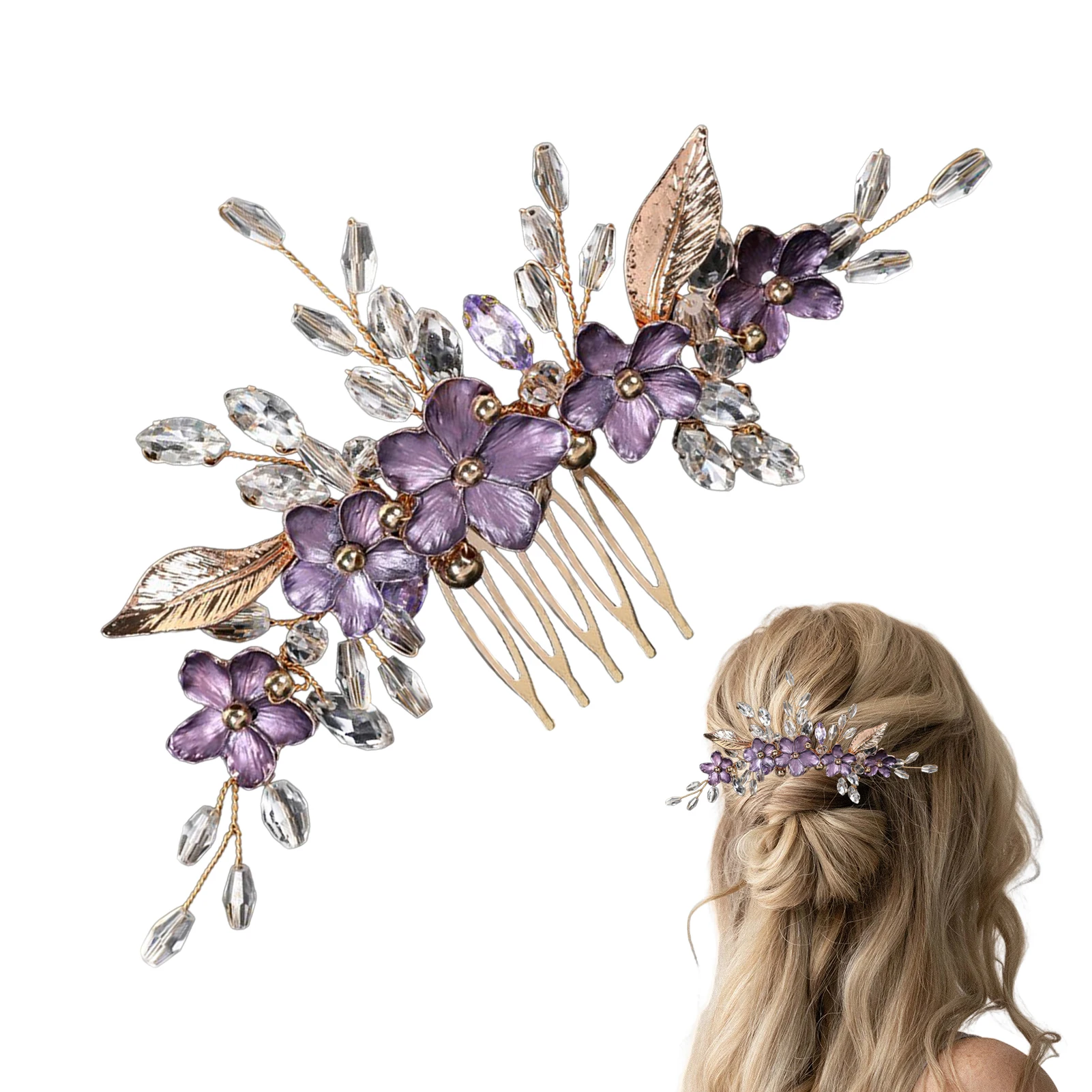Purple Flower Hair Combs for Bride Wedding Gold Color Alloy Hairpins Side Clips Crystal Beads Decor Bridal Party Hair Jewlery