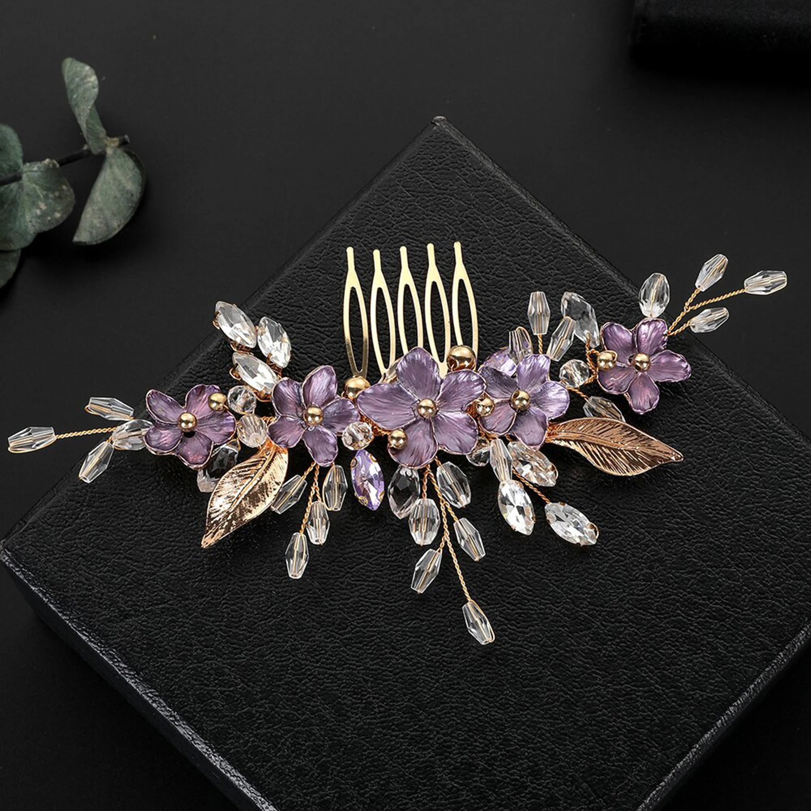 Purple Flower Hair Combs for Bride Wedding Gold Color Alloy Hairpins Side Clips Crystal Beads Decor Bridal Party Hair Jewlery