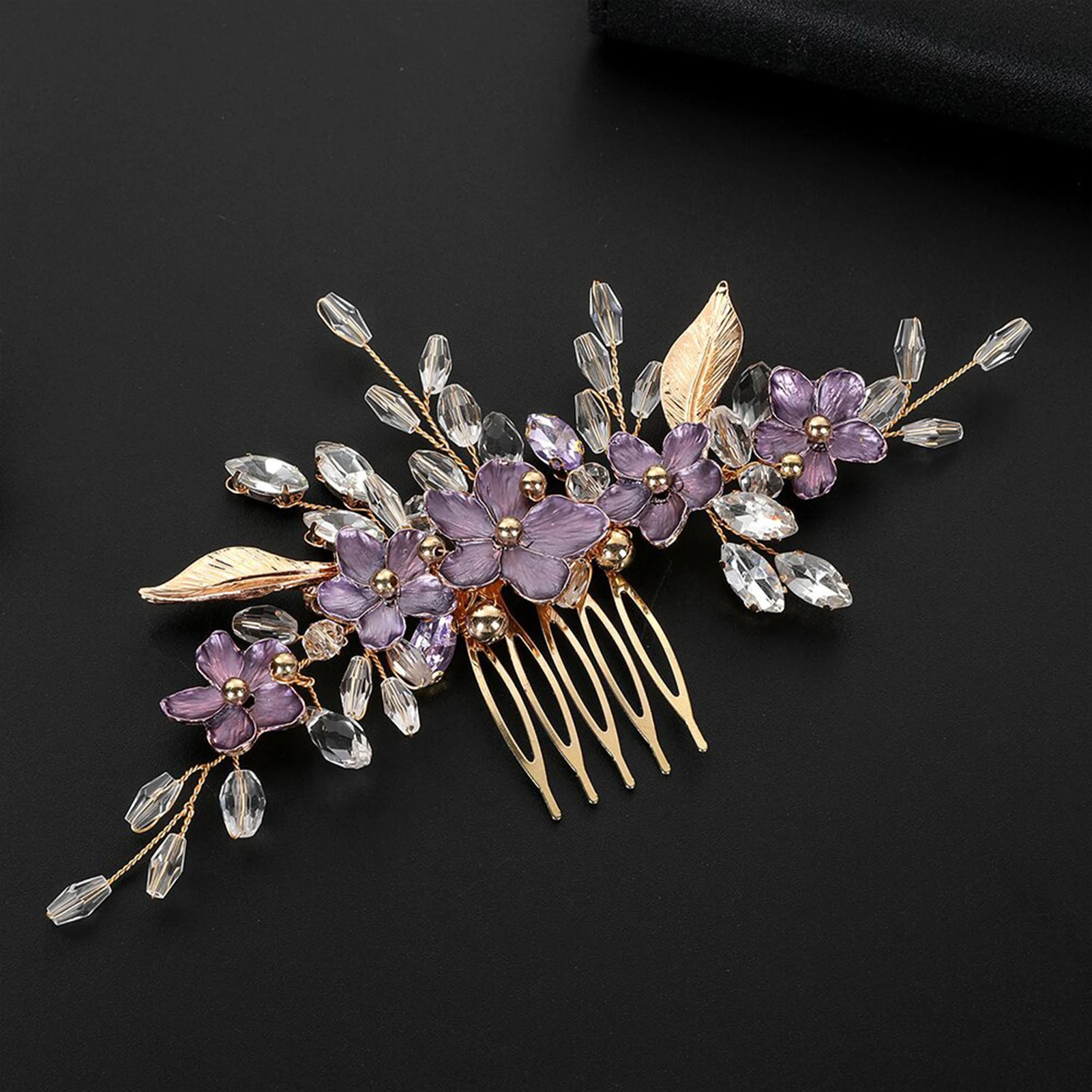 Purple Flower Hair Combs for Bride Wedding Gold Color Alloy Hairpins Side Clips Crystal Beads Decor Bridal Party Hair Jewlery