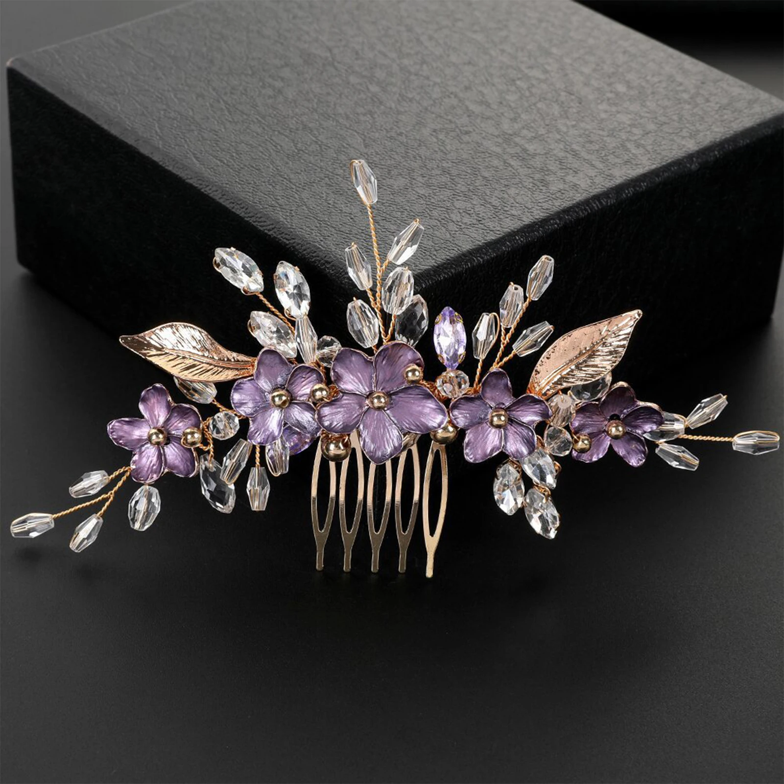 Purple Flower Hair Combs for Bride Wedding Gold Color Alloy Hairpins Side Clips Crystal Beads Decor Bridal Party Hair Jewlery