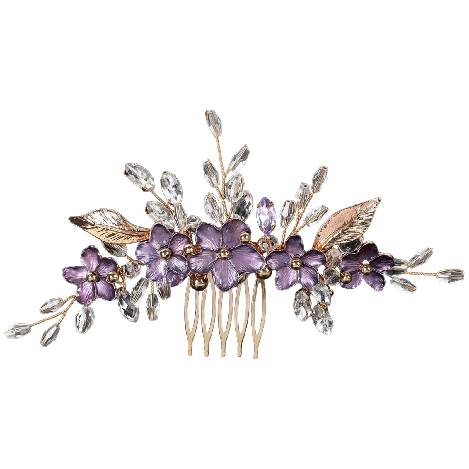Purple Flower Hair Combs for Bride Wedding Gold Color Alloy Hairpins Side Clips Crystal Beads Decor Bridal Party Hair Jewlery