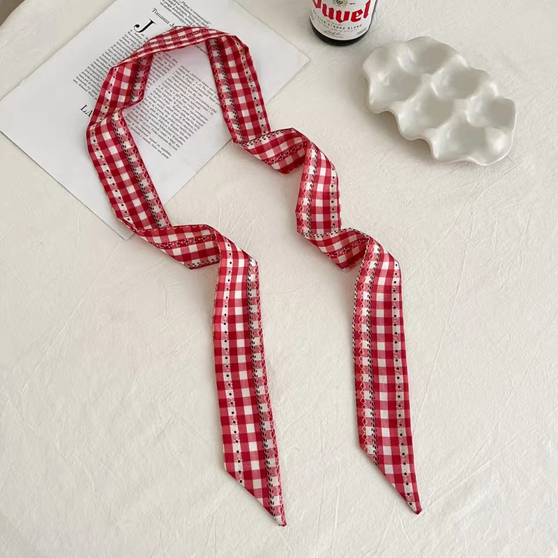 Women Plaid Print Neck Scarves Soft Satin Silk Narrow Silk Scarf Neckerchief Long Silk Hairband Head Neck Bag Ribbon Headbands