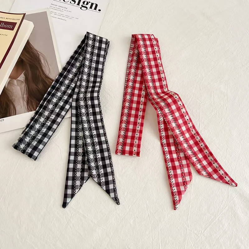Women Plaid Print Neck Scarves Soft Satin Silk Narrow Silk Scarf Neckerchief Long Silk Hairband Head Neck Bag Ribbon Headbands