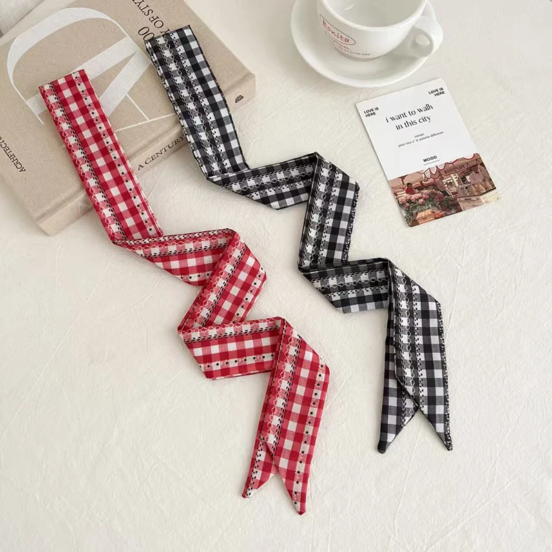 Women Plaid Print Neck Scarves Soft Satin Silk Narrow Silk Scarf Neckerchief Long Silk Hairband Head Neck Bag Ribbon Headbands