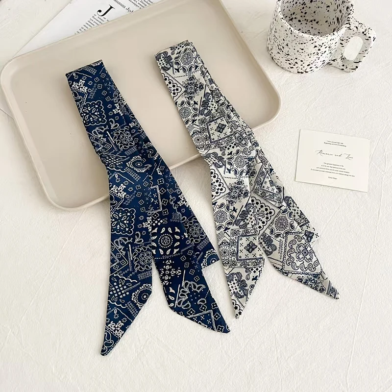 Women Plaid Print Neck Scarves Soft Satin Silk Narrow Silk Scarf Neckerchief Long Silk Hairband Head Neck Bag Ribbon Headbands