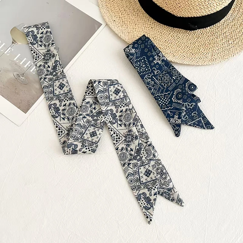 Women Plaid Print Neck Scarves Soft Satin Silk Narrow Silk Scarf Neckerchief Long Silk Hairband Head Neck Bag Ribbon Headbands