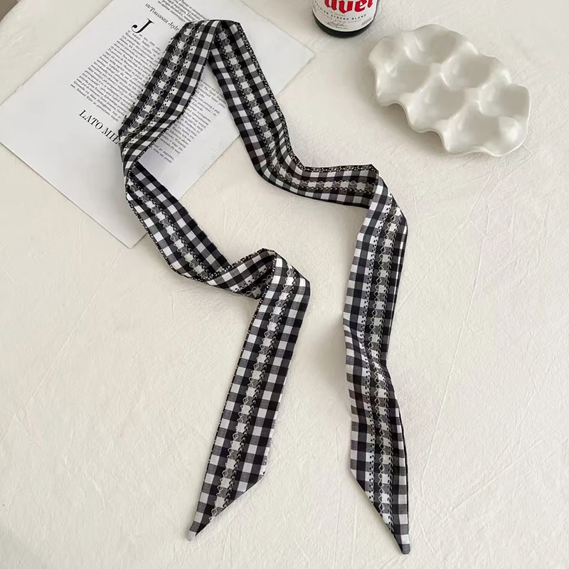 Women Plaid Print Neck Scarves Soft Satin Silk Narrow Silk Scarf Neckerchief Long Silk Hairband Head Neck Bag Ribbon Headbands