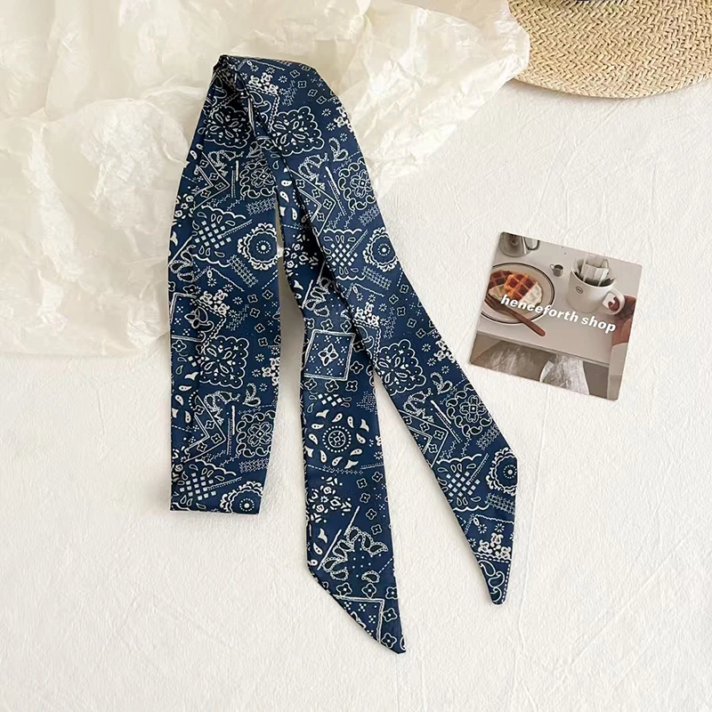 Women Plaid Print Neck Scarves Soft Satin Silk Narrow Silk Scarf Neckerchief Long Silk Hairband Head Neck Bag Ribbon Headbands