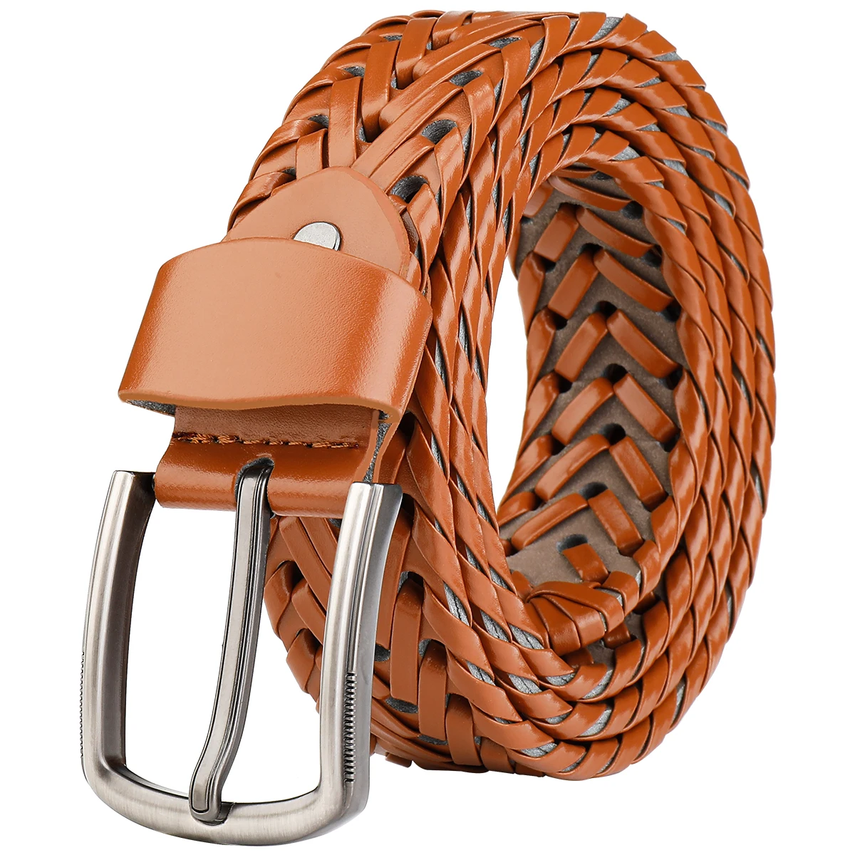 Men's black braided leather belt,silver pin buckle,versatile wear,matching jeans,trousers,suits,comfortable wearing