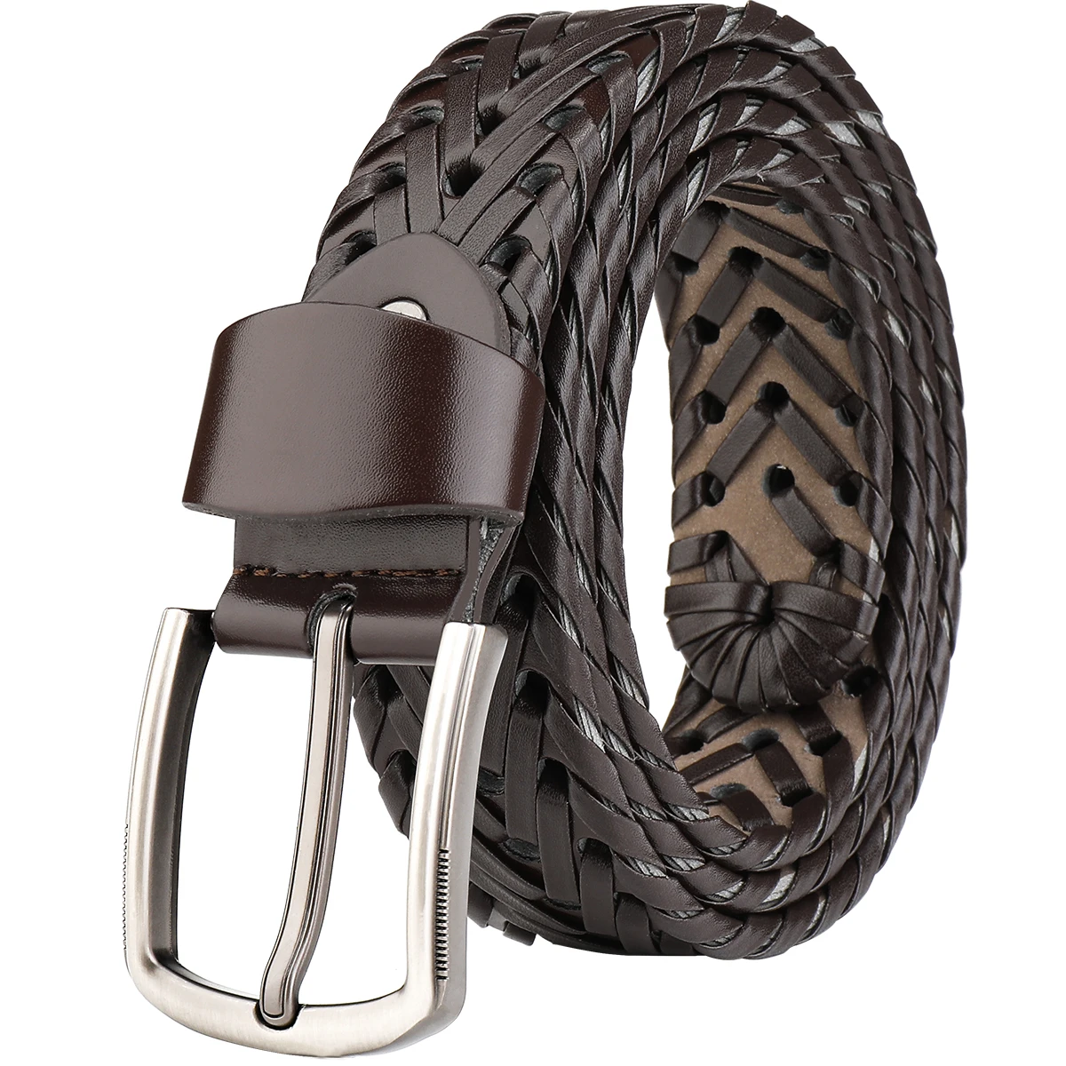 Men's black braided leather belt,silver pin buckle,versatile wear,matching jeans,trousers,suits,comfortable wearing