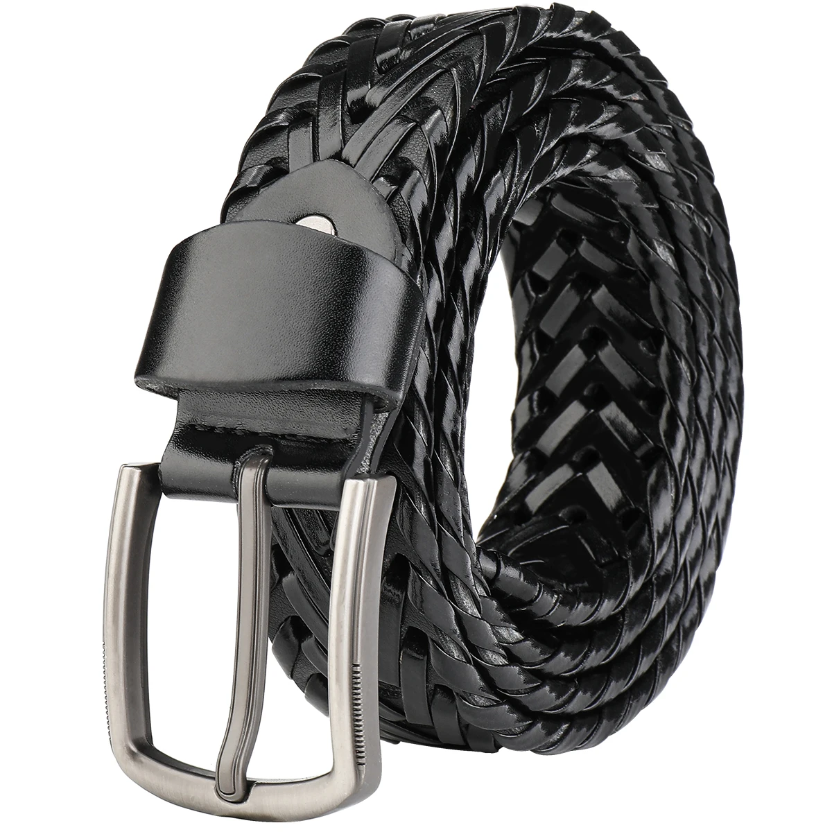Men's black braided leather belt,silver pin buckle,versatile wear,matching jeans,trousers,suits,comfortable wearing