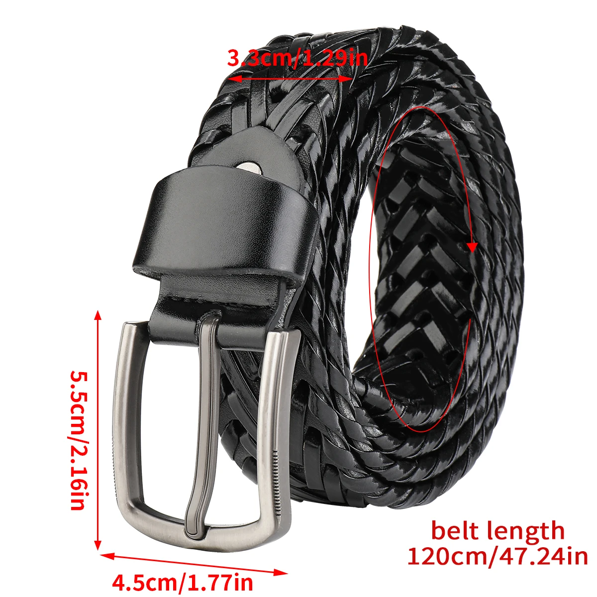 Men's black braided leather belt,silver pin buckle,versatile wear,matching jeans,trousers,suits,comfortable wearing