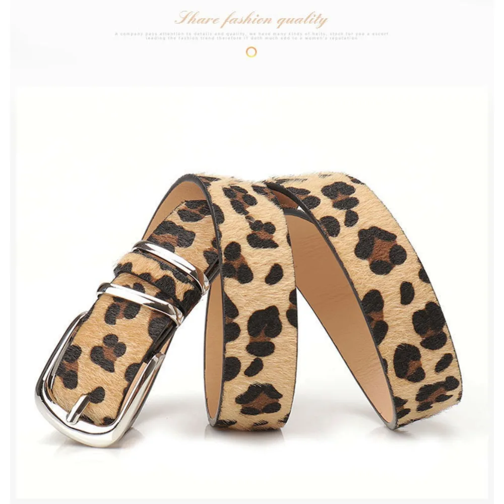 Leopard Print Faux Horsehair Waist Belt Silver Pin Buckle Fashion Ladies Decorative Waistband Casual Strap for Jeans Dress Pants