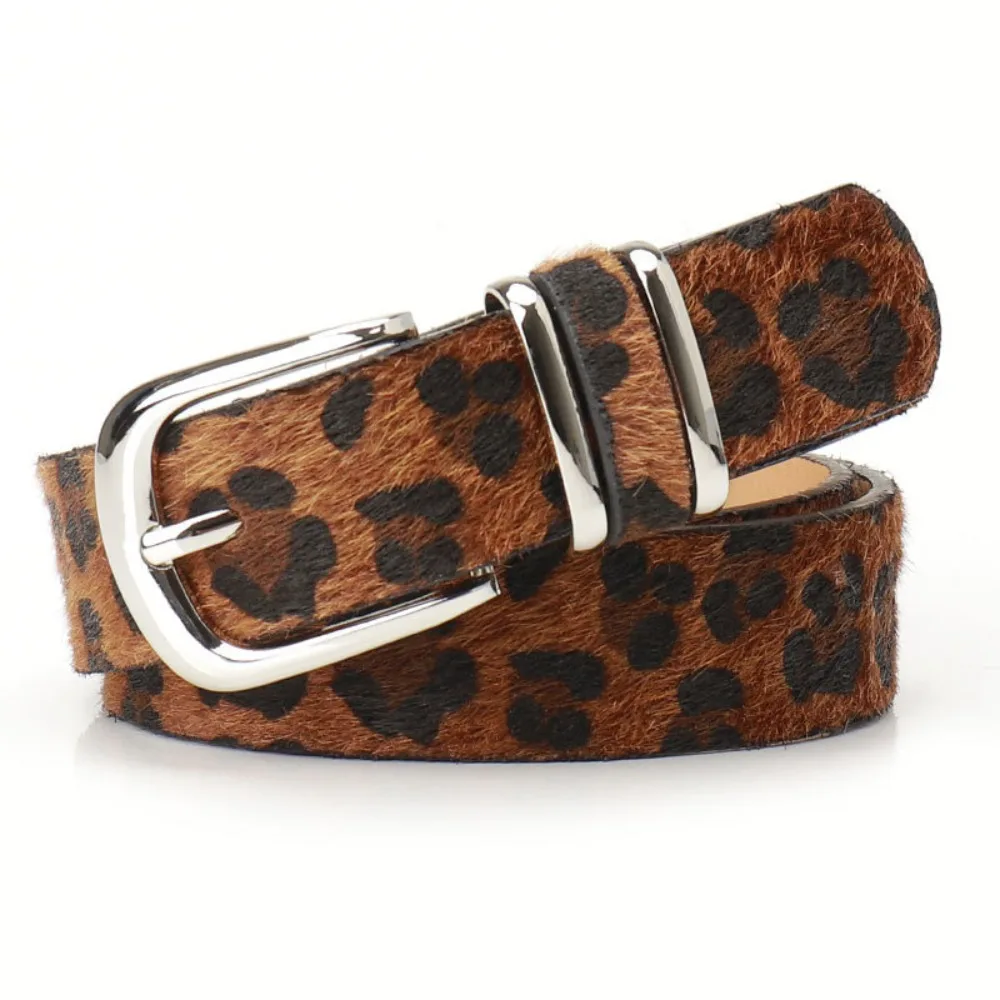 Leopard Print Faux Horsehair Waist Belt Silver Pin Buckle Fashion Ladies Decorative Waistband Casual Strap for Jeans Dress Pants