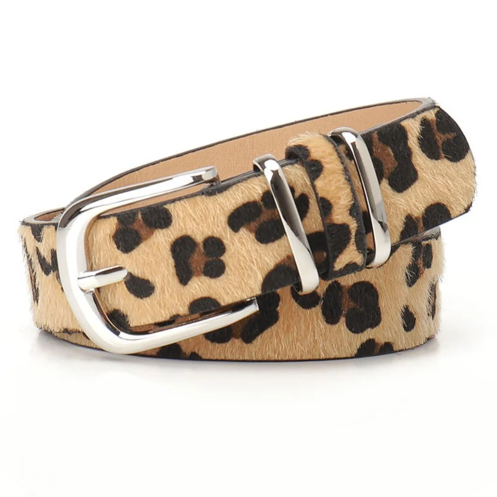 Leopard Print Faux Horsehair Waist Belt Silver Pin Buckle Fashion Ladies Decorative Waistband Casual Strap for Jeans Dress Pants