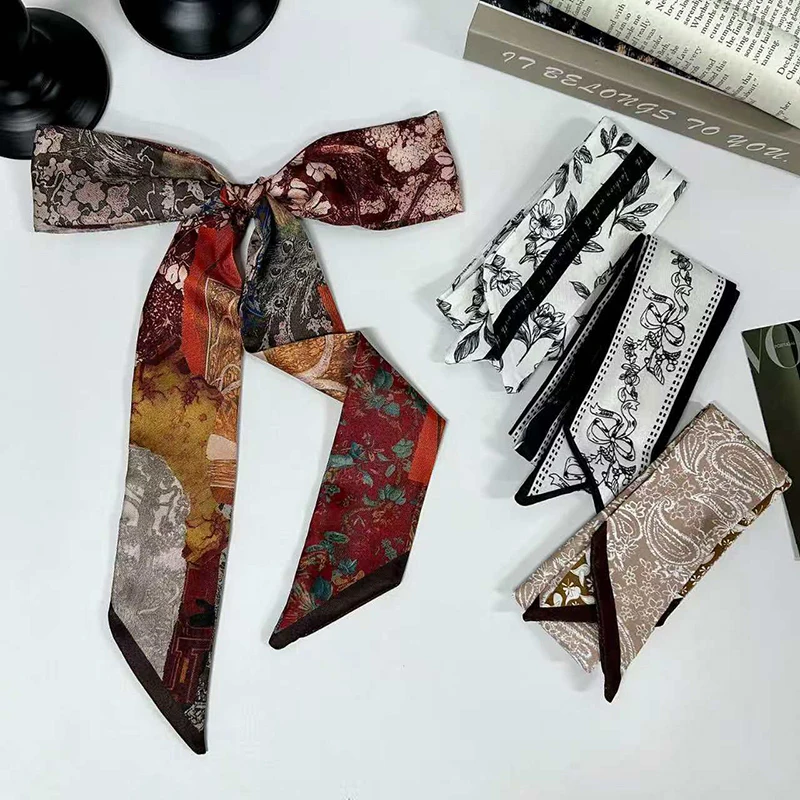 2026 New Arrival Women Vintage Floral Print Skinny Satin Scarf Summer Hair Band Strip Silk Ribbon Neck Scarves Bag Handle Ribbon