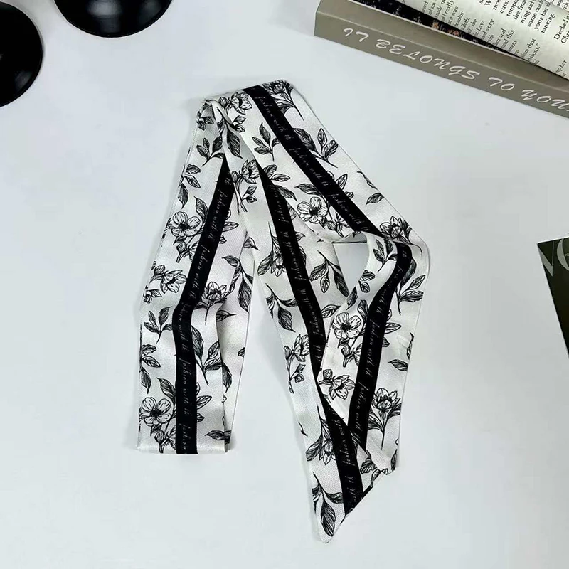 2026 New Arrival Women Vintage Floral Print Skinny Satin Scarf Summer Hair Band Strip Silk Ribbon Neck Scarves Bag Handle Ribbon