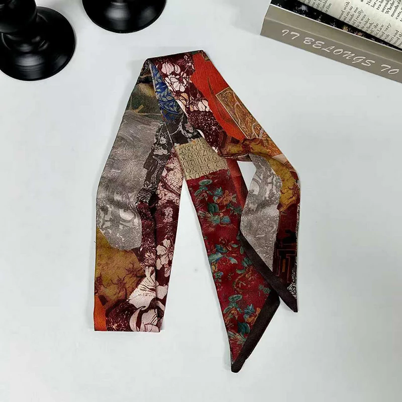 2026 New Arrival Women Vintage Floral Print Skinny Satin Scarf Summer Hair Band Strip Silk Ribbon Neck Scarves Bag Handle Ribbon