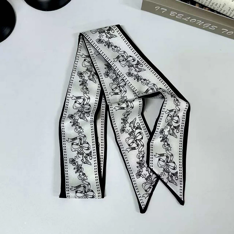 2026 New Arrival Women Vintage Floral Print Skinny Satin Scarf Summer Hair Band Strip Silk Ribbon Neck Scarves Bag Handle Ribbon
