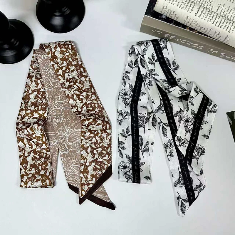 2026 New Arrival Women Vintage Floral Print Skinny Satin Scarf Summer Hair Band Strip Silk Ribbon Neck Scarves Bag Handle Ribbon