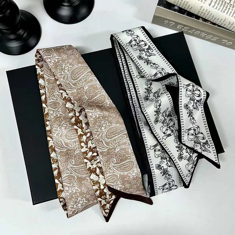 2026 New Arrival Women Vintage Floral Print Skinny Satin Scarf Summer Hair Band Strip Silk Ribbon Neck Scarves Bag Handle Ribbon