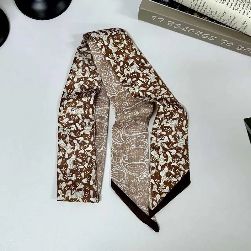 2026 New Arrival Women Vintage Floral Print Skinny Satin Scarf Summer Hair Band Strip Silk Ribbon Neck Scarves Bag Handle Ribbon