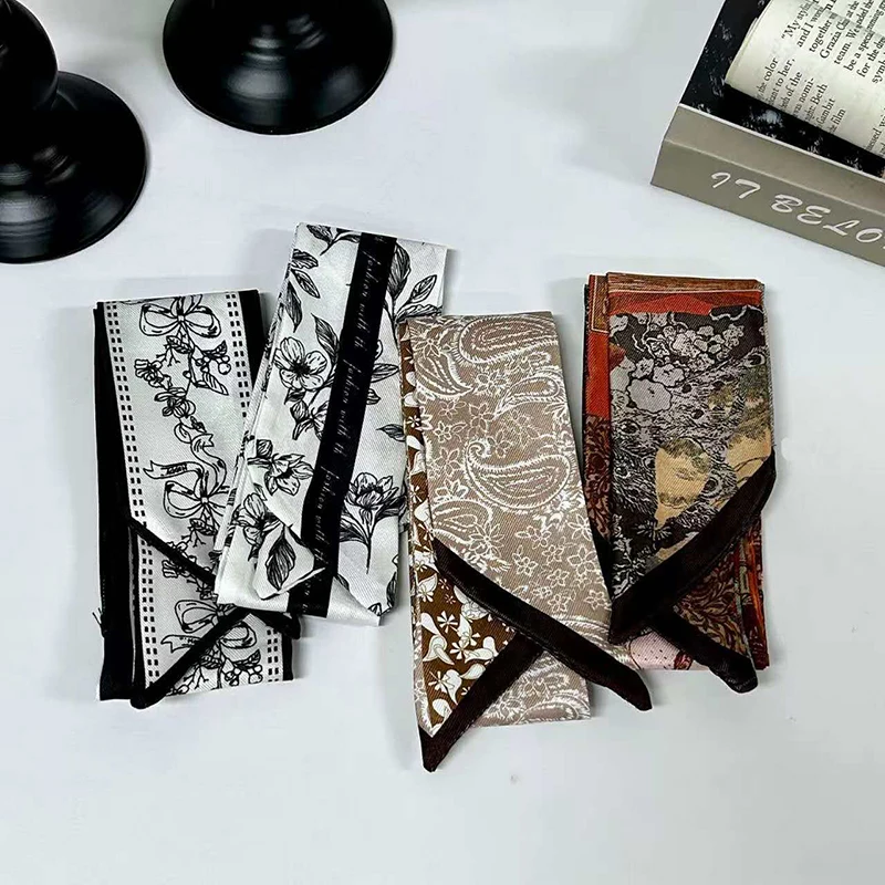 2026 New Arrival Women Vintage Floral Print Skinny Satin Scarf Summer Hair Band Strip Silk Ribbon Neck Scarves Bag Handle Ribbon