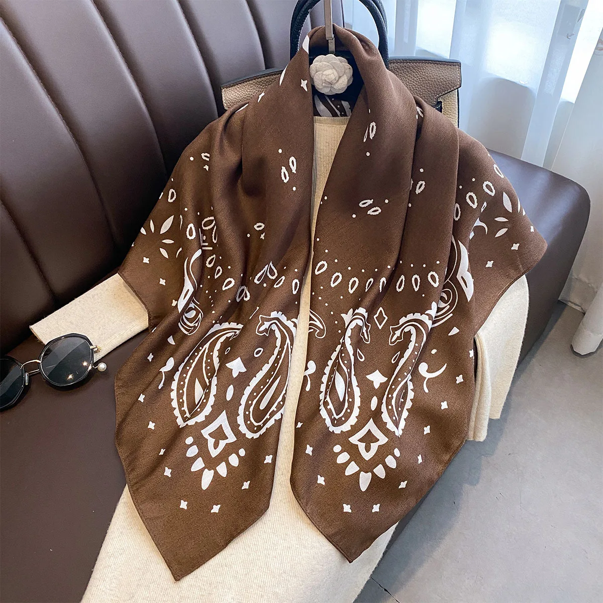 90*90cm Paisley Printed Square Scarf For Women Imitation Silk Scarves Bandanas Luxury Large Shawl Beach Wraps Elegant Hijab