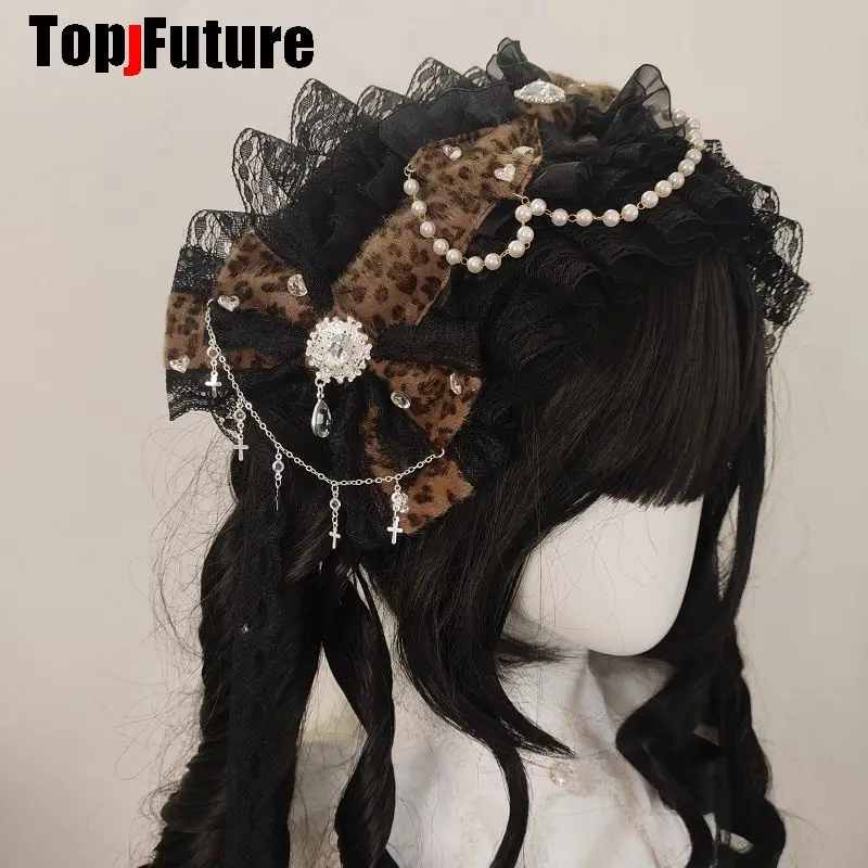 Mars Gal Harajuku Gothic Subculture Lace Leopard Print Lolita Steampunk Y2K Girl Women Bow Hair Clip Hair Clips Pins Hairpin